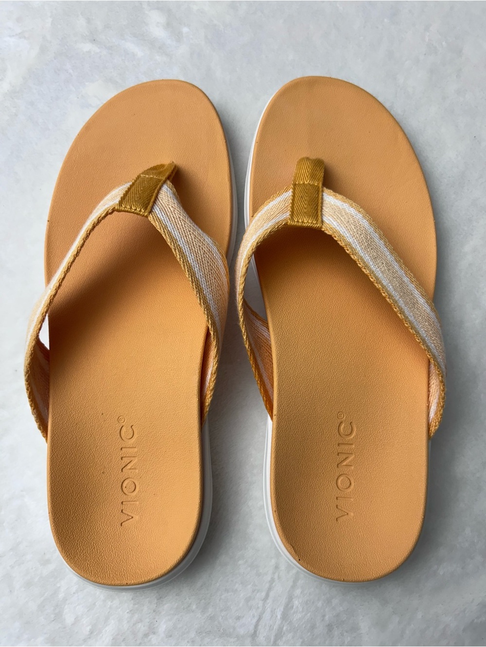 Vionic Indigo Women's Orangish Yellow Striped Fabric Strap Flip Flops Size 10